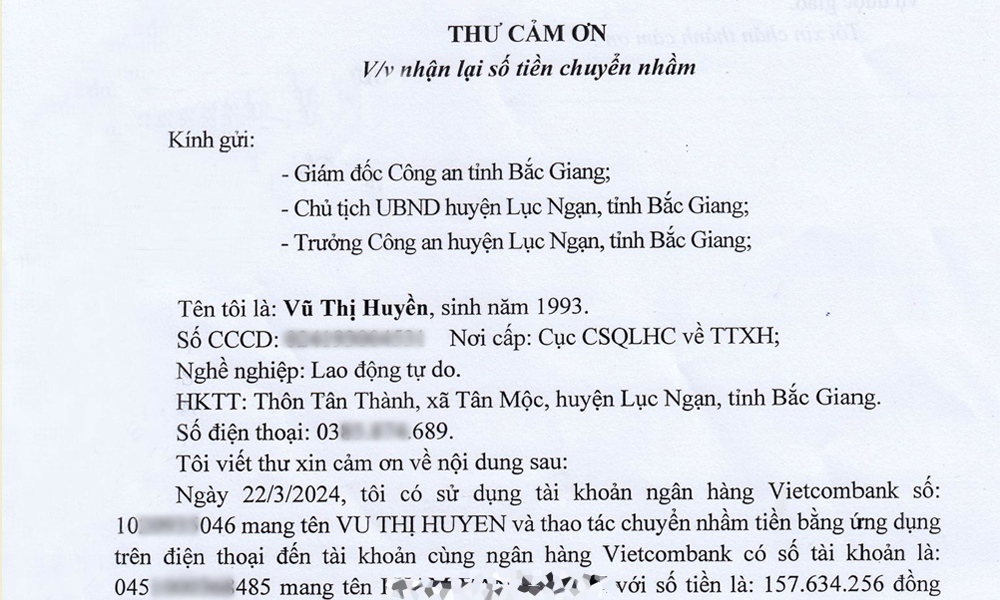 Công dân cảm ơn Công an Lục Ngạn giúp lấy lại hơn 157 triệu đồng chuyển nhầm 